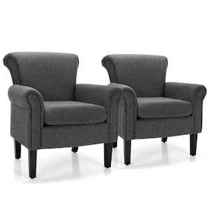 Dark Gray Upholstered Fabric Accent Chairs with Rubber Wood Legs (Set of 2)
