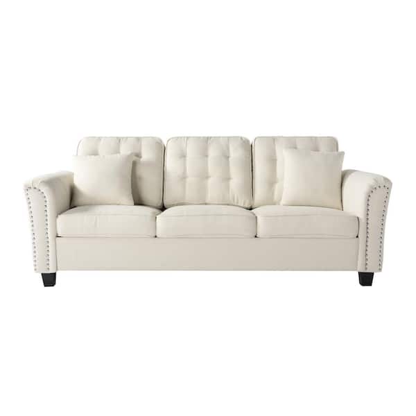 Unbranded 87 in. W Modern Flared Arm Rectangle Polyester Straight Reclining 3-Seats Sofa in Beige