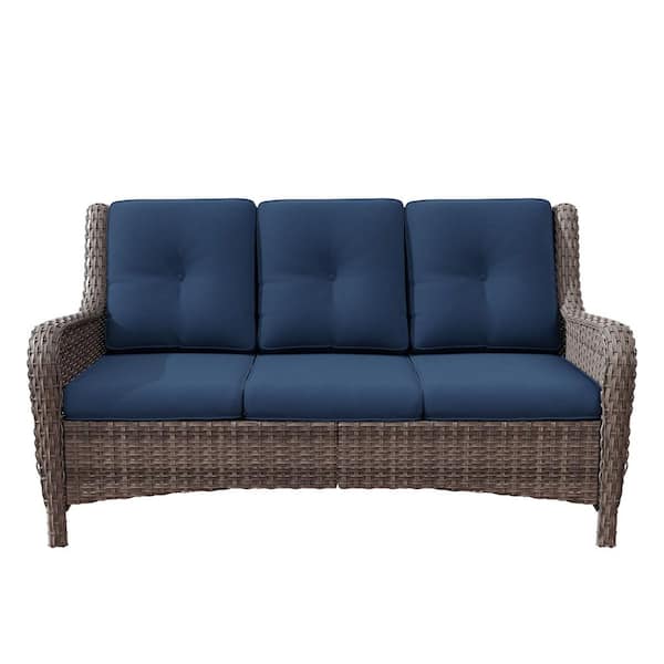 6-Piece Wicker Outdoor Patio Conversation Set Sectional Sofa with Swivel Rocking Chair, Ottomans and Blue Cushions