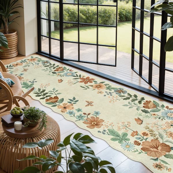 Washable Farmhouse Floral Print Wave-Shape Beige 2 ft. x 8 ft. Enteyway Bedroom Runner Area Rug