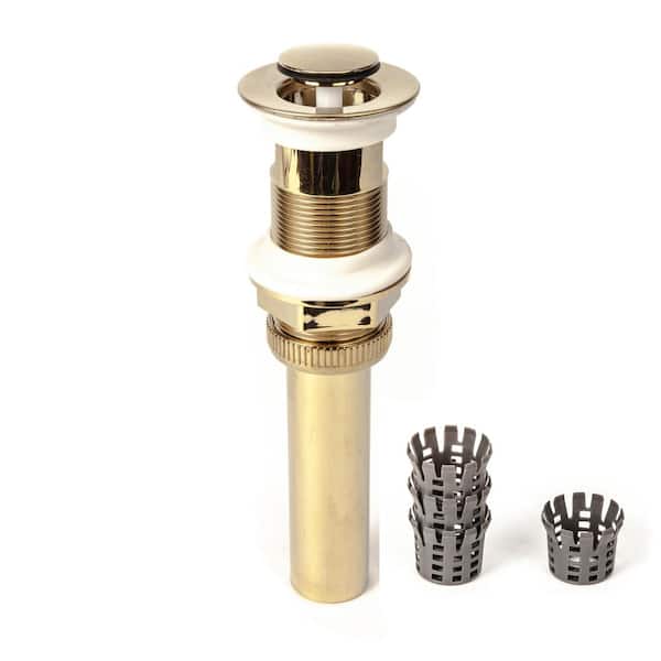 PF WaterWorks 1-1/4 in. DecoDRAIN Push Closing (Flushed Cap) Pop-Up Drain with Hair Catcher, Polished Brass ABS Body with Overflow