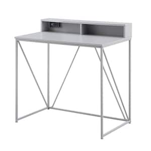 Minimalist 35.75 in. Rectangular Gray Wood and Metal Writing Desk with USB Port and Cubby Shelf