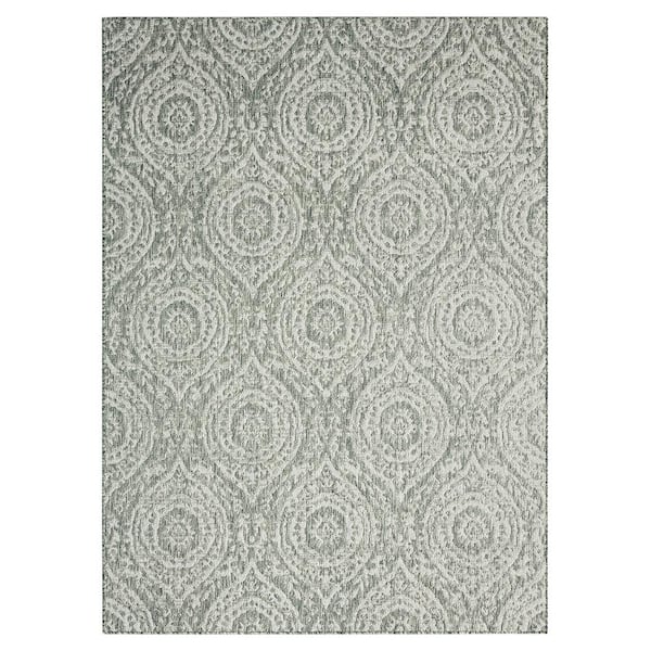 Nicole Miller Patio Country Zoe Grey/Ivory 8 ft. x 10 ft. Moroccan Damask Indoor/Outdoor Area Rug