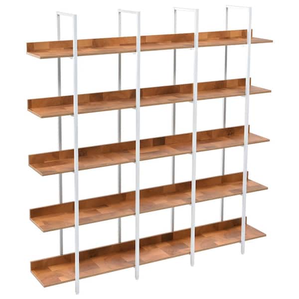 Siavonce 11.81 in. W x 70.90 in. H x 70.90 in. D Brown+White 5 Tier Metal Frame Bookcase Home Office Open MDF Board Bookshelf