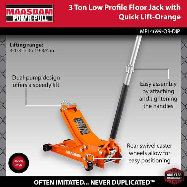 3-Ton Low Profile Floor Jack with Quick Lift in Orange