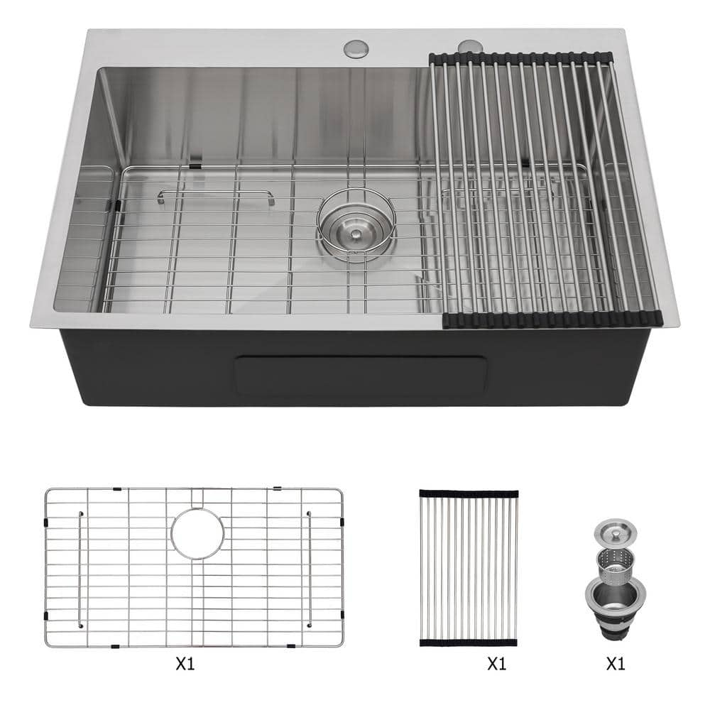 Stainless Steel 18 Gauge 33 in. Single Bowl Drop-In Workstation Kitchen Sink with Grid and Strainer -  cadeninc, Lor-LQW1-0293