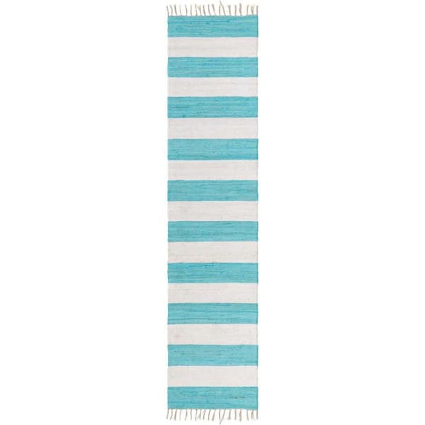 Unique Loom Chindi Rag Striped Turquoise and Ivory 2' 7 x 12' 0 Area Rug