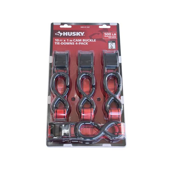 Husky 10 ft. x 1 in. Cam Buckle Tie-Down (Red) Straps with S Hook (4-Pack)