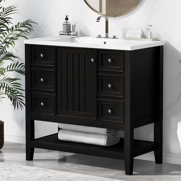 FAMYYT 36 in. W x 18 in. D x 34 in. H Single Sink Solid Wood Frame Bath Vanity in Black with White Ceramic Top Adjustable Shelf