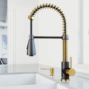Brant Single Handle Pull-Down Sprayer Kitchen Faucet Set with Soap Dispenser in Matte Brushed Gold and Matte Black