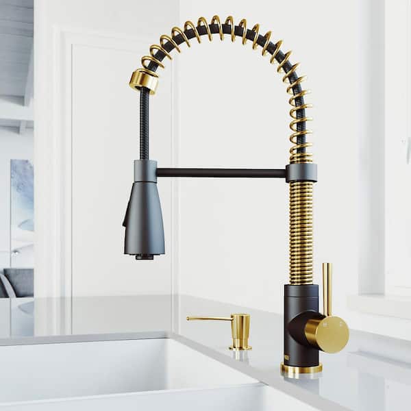 VIGO Brant Single Handle Pull-Down Sprayer Kitchen Faucet Set with Soap Dispenser in Matte Brushed Gold and Matte Black