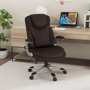 Faux Leather Swivel Ergonomic Office Chair Executive with Flip-up Armrests in Brown