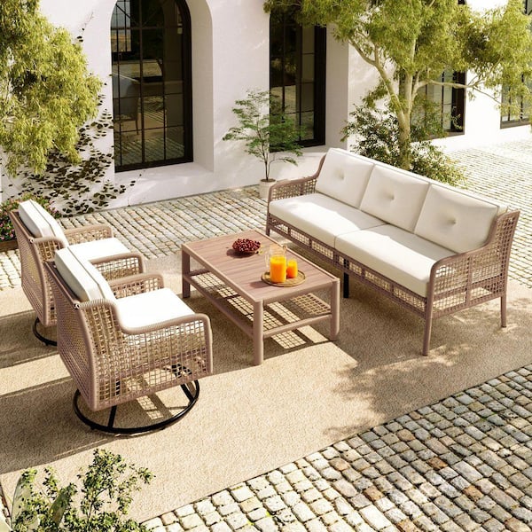 Tenleaf 4-Piece Wicker Patio Conversation Set with Beige Cushions ...