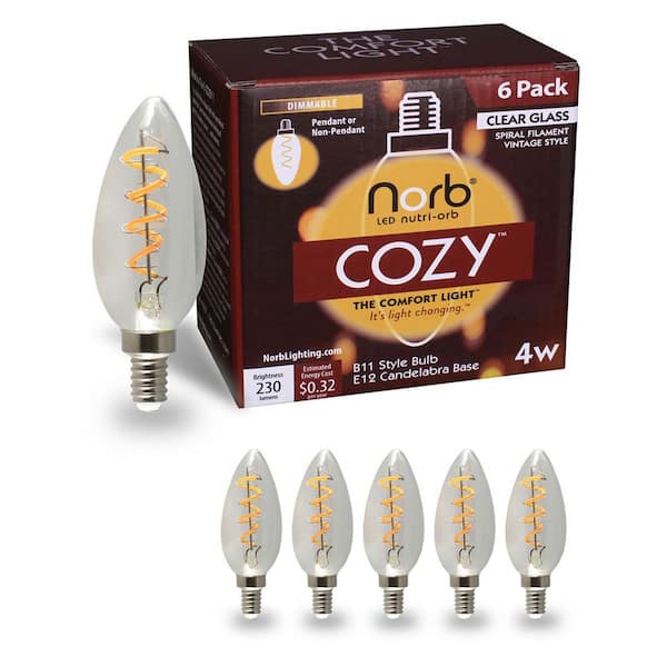 NorbCOZY 4W Equivalent B11 Warm White (Less Than 2700K) Dimmable Clear Spiral Edison LED Light Bulb (6-Pack)