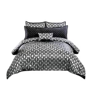 6- Piece Gray and Black Geometric Polyester Queen Comforter Set