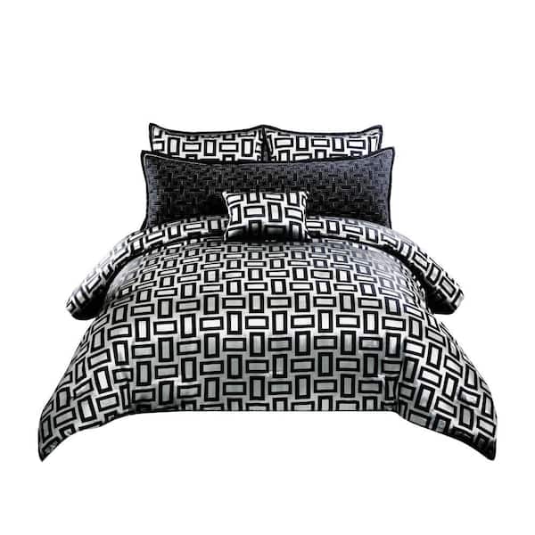 Benjara 6- Piece Gray and Black Geometric Polyester Queen Comforter Set