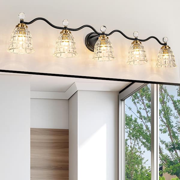 LLHZSY 47.24 in. 5-Light Black And Gold Bathroom Vanity Light Fixture with Textured Glass Shade