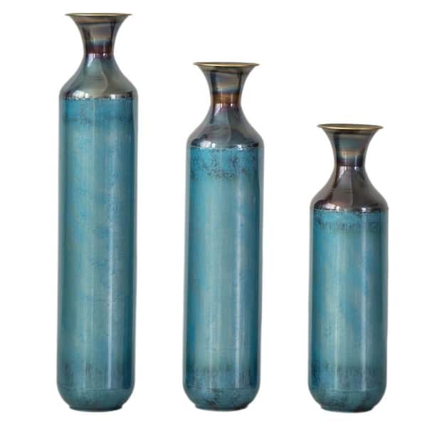 20.4 in. /24.4 in. /28.34 in. Aqua Blue 3-Piece Modern Droplet Floor Vase Set-Glazed Metal, Large Vases for Home Decor