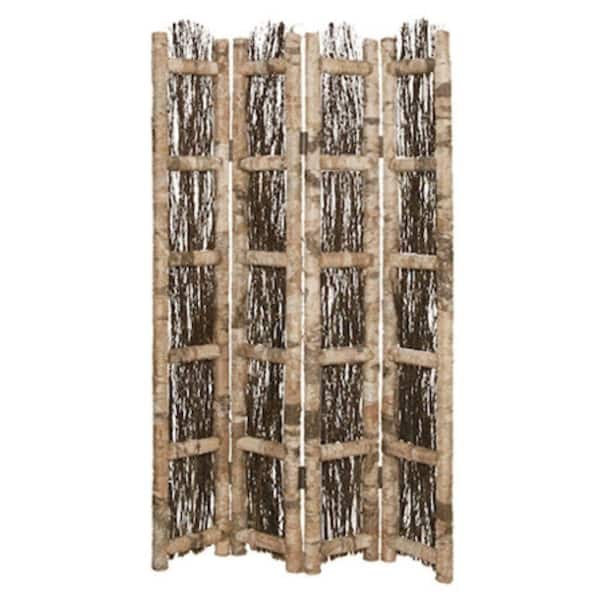 Benjara Brown Wooden Foldable Screen with Twig Design 4 Ladder Style Panels