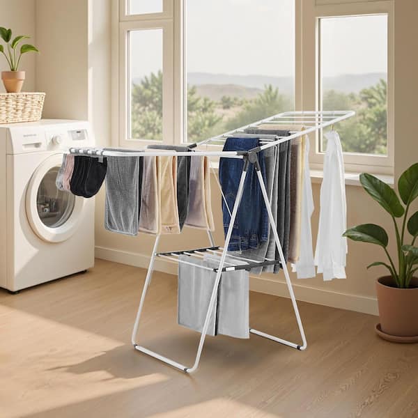 2-Tier Foldable Laundry Dryer Rack with 21 Drying Rods, Sock Clips, Metal Height-Adjustable, White