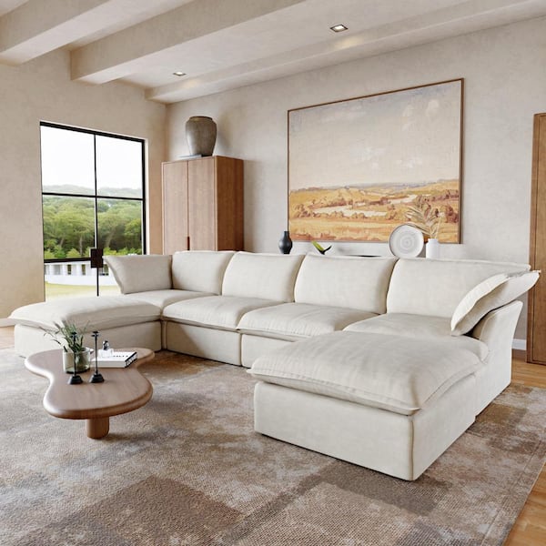 163 in. Flared Arm 6-Seater Sofa in Beige