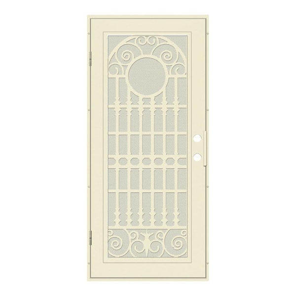 Unique Home Designs 36 in. x 80 in. Spaniard Beige Hammer Right-Hand Surface Mount Aluminum Security Door with Beige Perforated Metal Screen