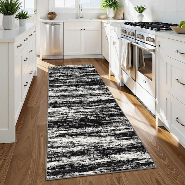 Modern Soft Thin Abstract Printed Carpet Machine for Bedroom Office Dining Room Black Gray, 2 ft. x 6 ft. Area Rug
