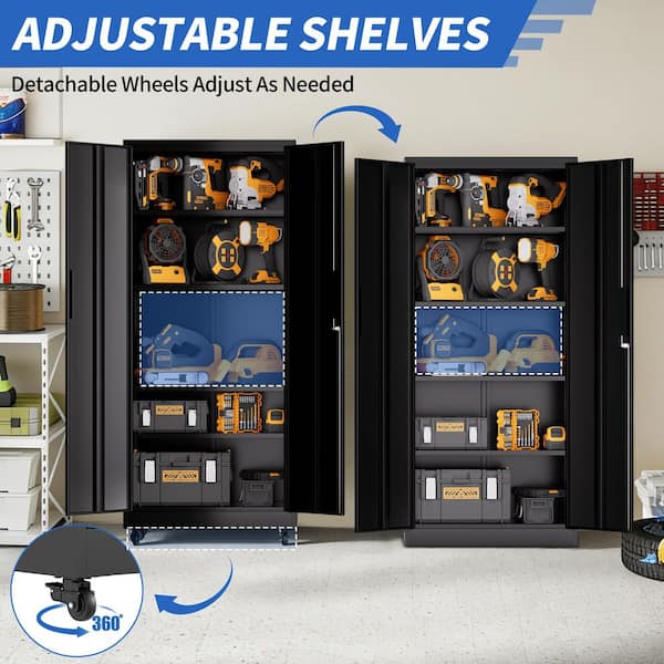 71 in. Black Heavy Duty Rolling Metal Cabinet, 4-Adjustable Shelves, Lockable Tool Storage