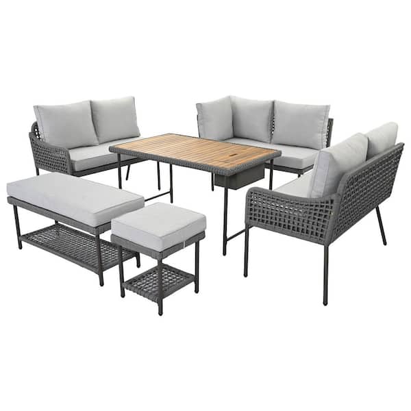 Daheat 6-Piece Patio Wicker Outdoor Conversation Sectional Grey Sofa Set with Water Resistant, Thick Cushions and Coffee Table