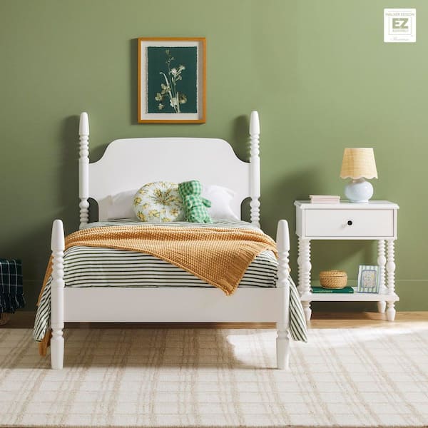 Modern Farmhouse Easy Assembly 2-Piece Solid Wood White 1-Drawer Nightstand and Twin Bed Bedroom Set