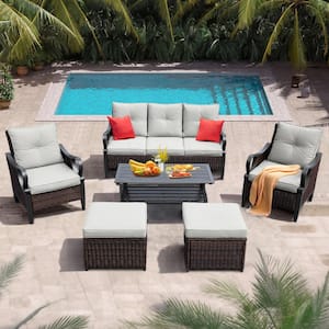 6-Piece Steel Outdoor Patio Conversation Set with Reclining Backrest, Ottomans, Light Gray Cushions Sectional Sofa