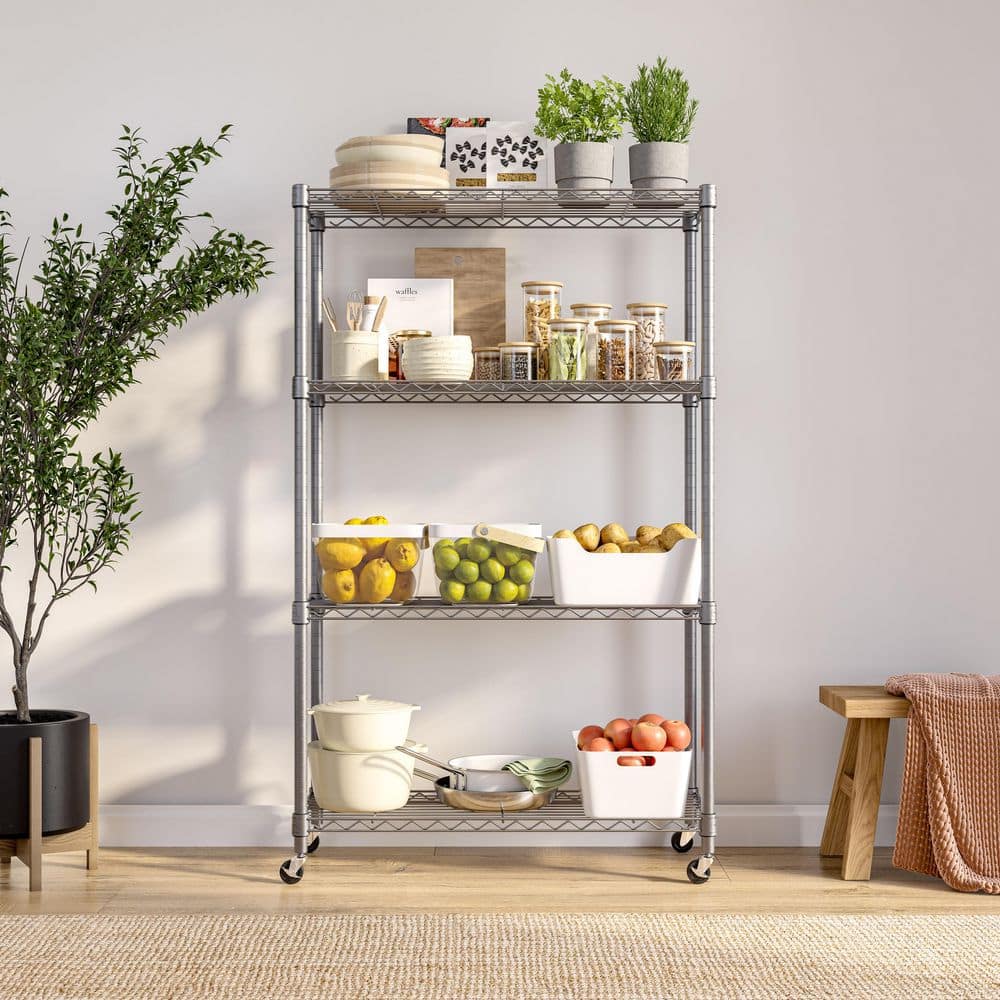 Adjustable Silver Steel Wire Shelving Unit with Wheels