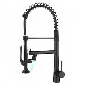 Heavy Duty Commercial LED Single Handle Pull Down Sprayer Kitchen Faucet with Pre-Rinse Spring High-Arc Brass in Black