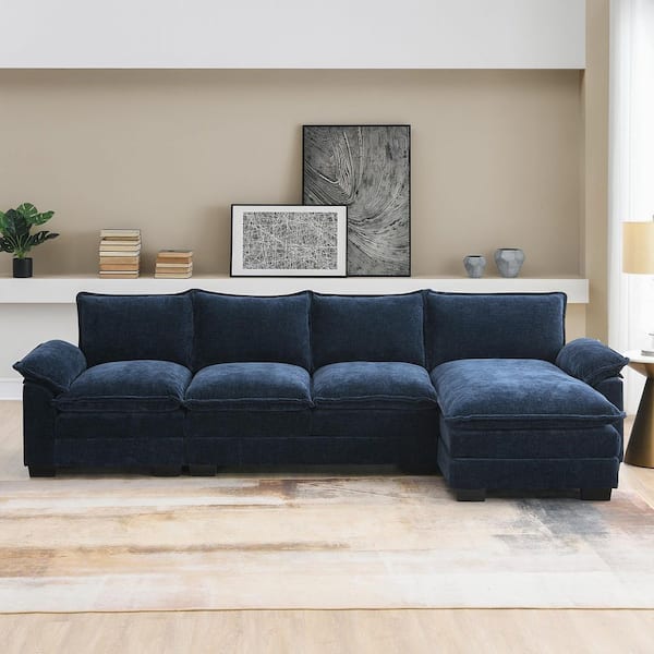 118 in. Double Cushions Chenille L-Shaped 5-Seat Sectional Sofa in Navy with Comfy Cloud Reversible Chaise