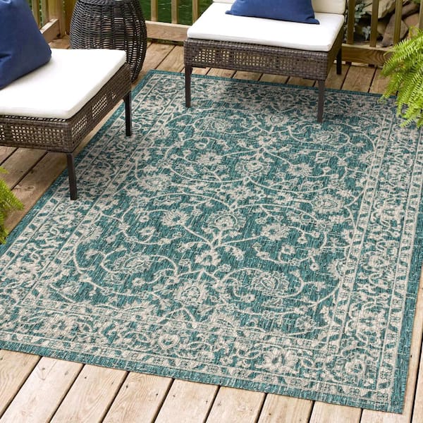 JONATHAN Y Palazzo Vine and Border Teal/Gray 5 ft. 3 in. x 7 ft. 7 in. Textured Weave Indoor/Outdoor Area Rug