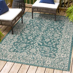 Palazzo Teal/Gray 9 ft. x 12 ft. Vine and Border Textured Weave Indoor/Outdoor Area Rug