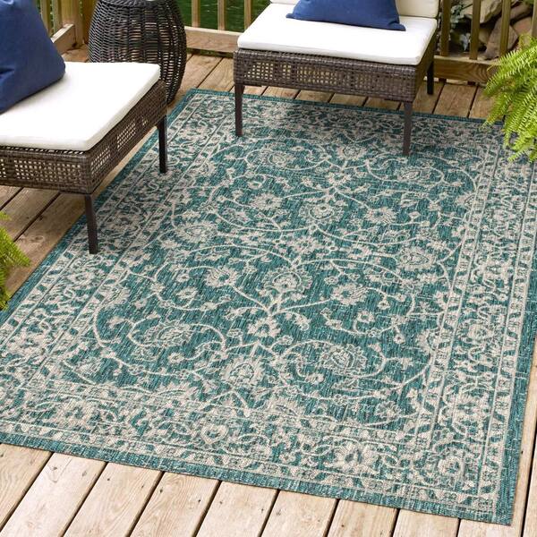 Palazzo Vine and Border Textured Weave Teal/Gray 9 ft. x 12 ft. Indoor/Outdoor Area Rug
