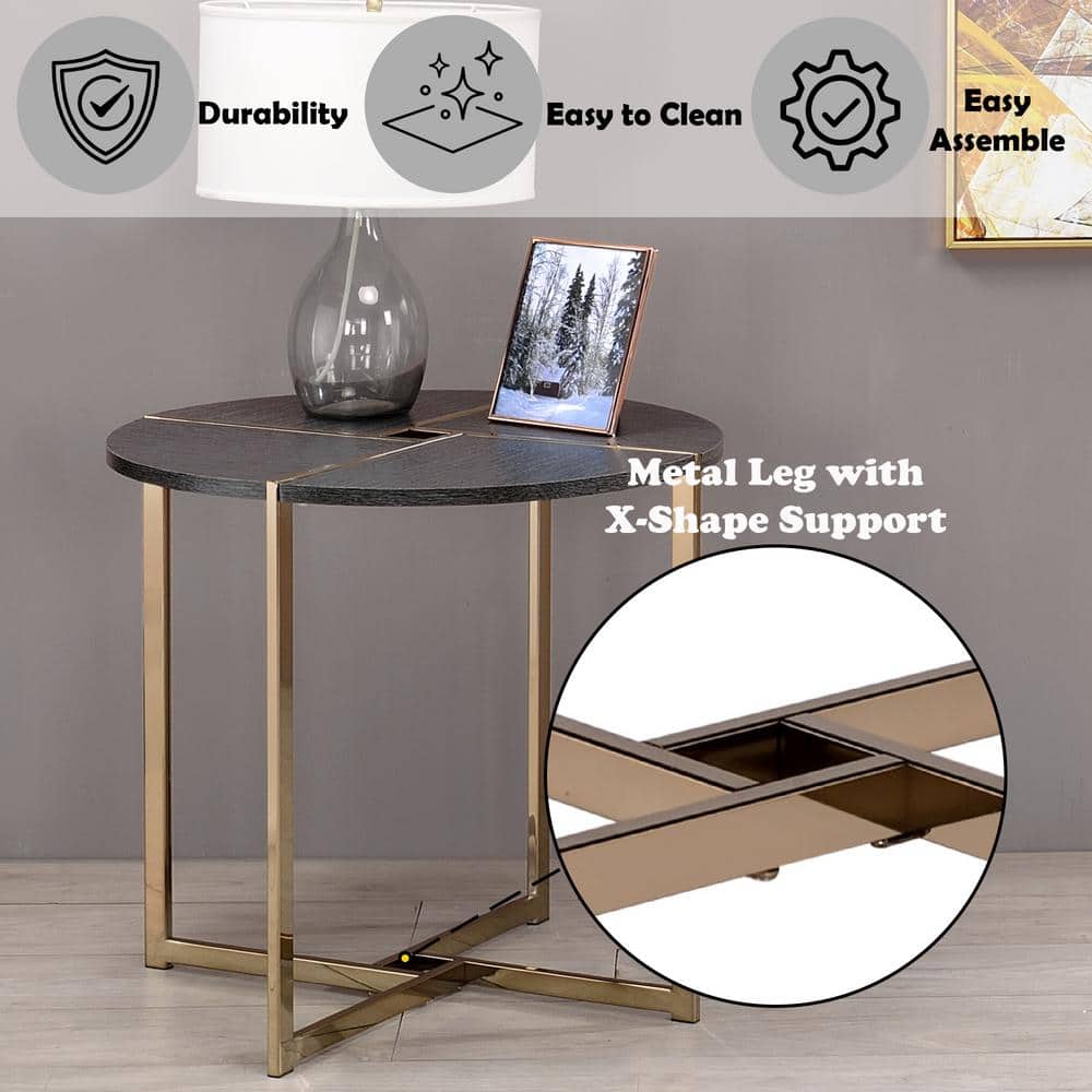 Bromia 24" Round Black Wood and Champagne Metal End Table