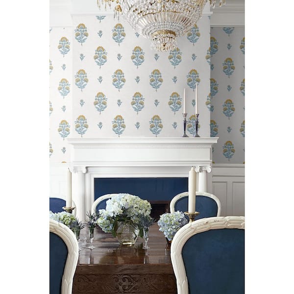 30.75 sq. ft. Marigold and Seabreeze Floral Spot Premium Matte Non-Woven Paper Peel and Stick Wallpaper Roll