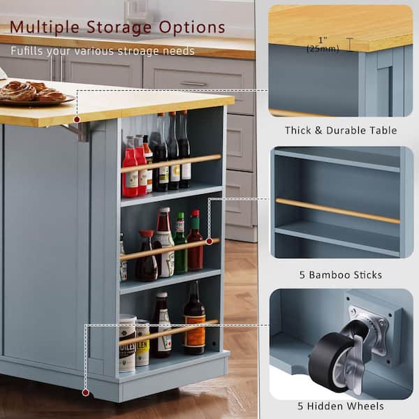 Zeus Ruta Gray Blue Wood 53 W Large Rolling Kitchen Island