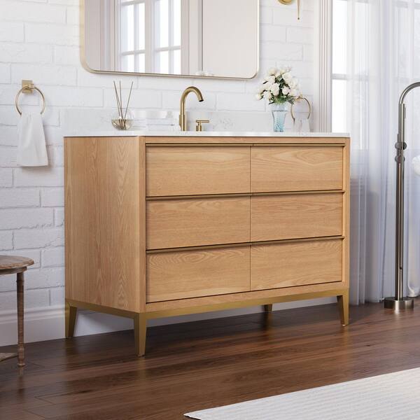 48 in.W x 22 in.D x 35 in.H Certified Single Sink Solid Wood Bath Vanity in OAK with White Quartz Top,Soft-Close Drawers
