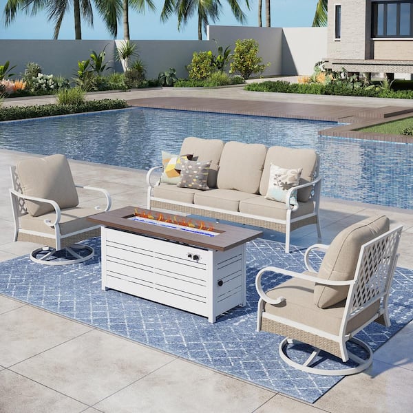 PHI VILLA White 4-Piece Metal Outdoor Patio Conversation Set with Swivel Chairs, 50000 BTU Fire Pit Table and Beige Cushions