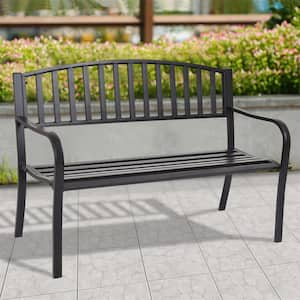 Black Metal Patio Garden Bench Chair with Steel Slats Porch Chair Seat