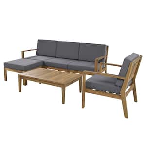 Natural Acacia Wood 6-Pieces Outdoor Patio Sectional Sofa Set with Grey Cushions and 1-Coffee Table