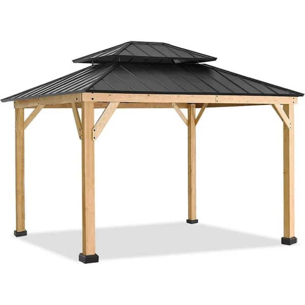 Mondawe 12 ft. x 14 ft. Outdoor Fir Solid Wood Frame Patio Gazebo Canopy Shelter with Galvanized Steel Hardtop Roof Pavilion