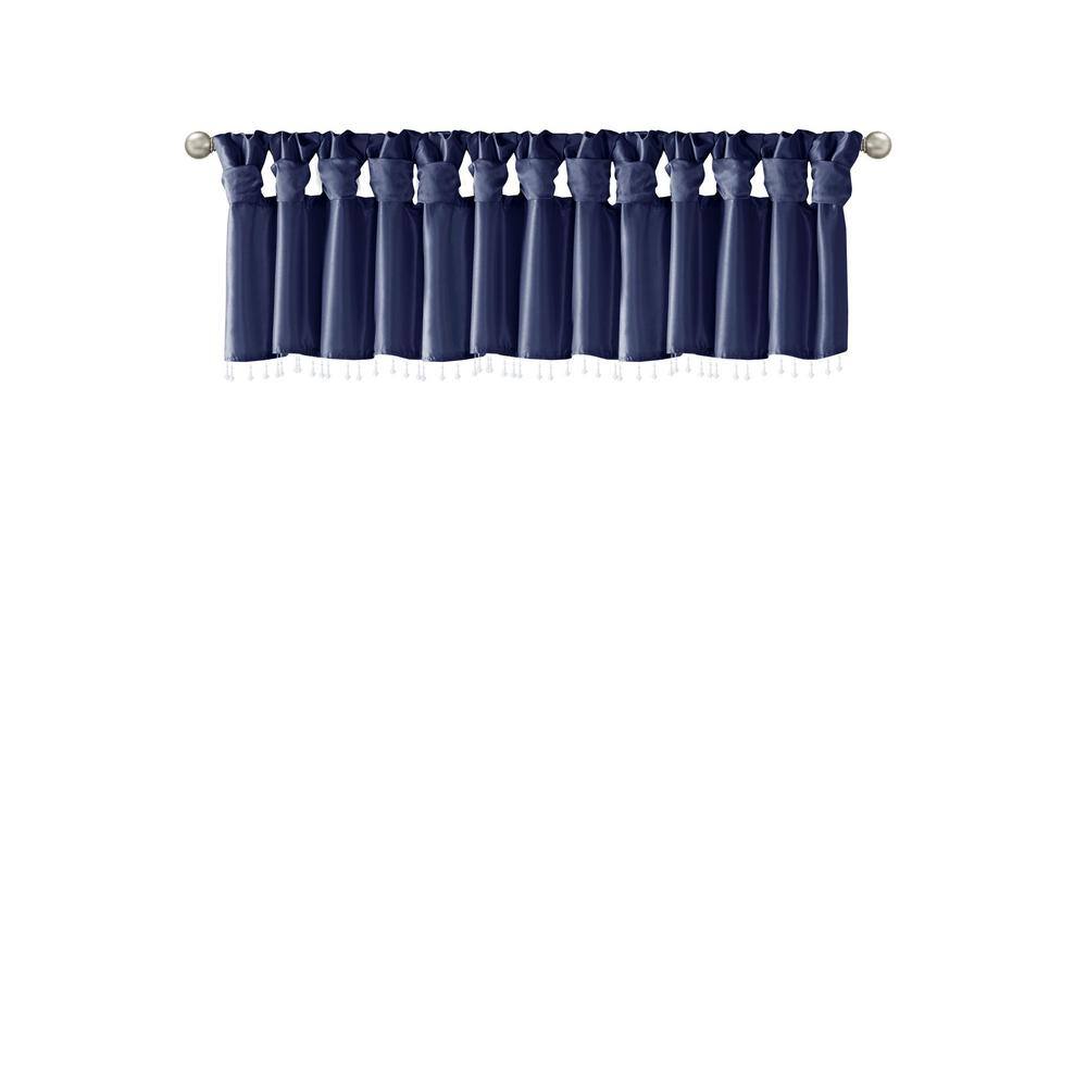 Navy Faux Silk Tab Top Valance with Beads