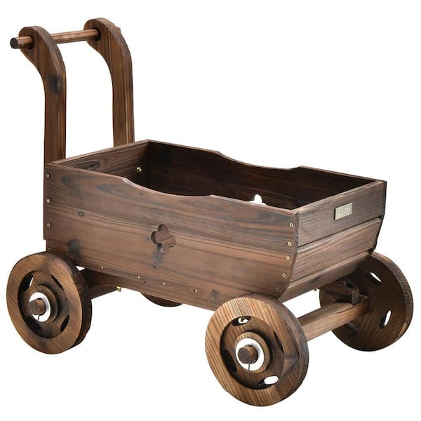 ANGELES HOME Rustic Brown Decorative Wooden Wagon Cart with Handle Wheels and Drainage Hole