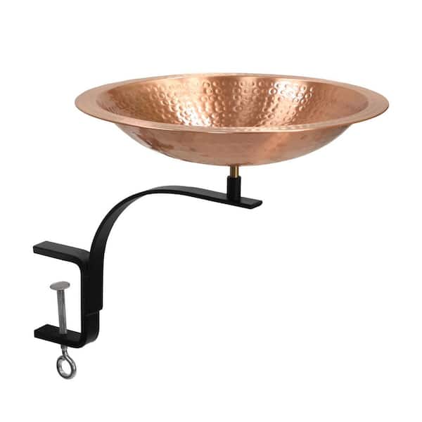 19 in. W Round Satin Hammered Solid Copper Birdbath Bowl w/Black Wrought Iron Rail Mount Bracket, Outdoor Accessory