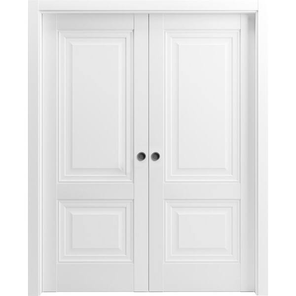 Sartodoors 60 in. x 84 in. 2 Panel White Finished Solid Wood Sliding Door with Hardware