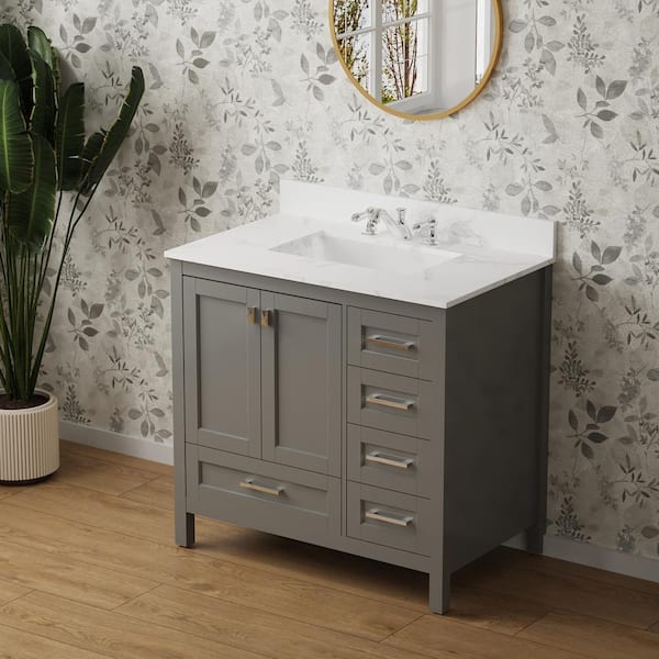 Staykiwi 36.37 in. W x 22.2 in. D x 34 in. H Freestanding Bath Vanity in Grey with White Engineered stone Top